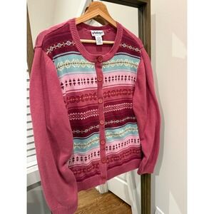 Vintage National Women's 1X Pink Multi Color Fair Isle Knit Cardigan Sweater
